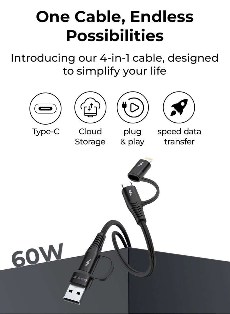 Charome C24 4-in-1 Heavy-Duty Aluminum Alloy Charging Data Cable Fast Charging, Durable Build, Tangle-Free Design, Universal Compatibility, Enhanced Data Transfer, Multiple Connectors - Image 3